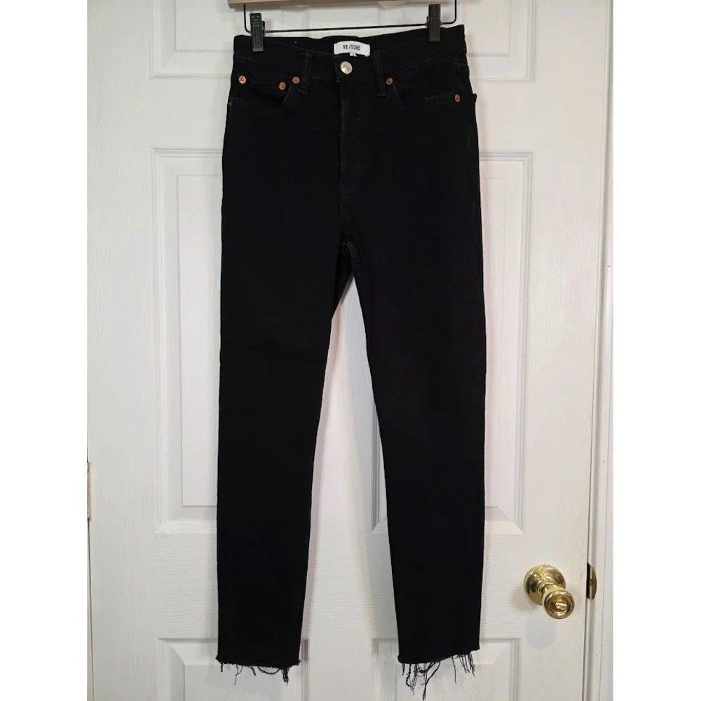 RE/DONE High Rise Ankle Crop Jeans 26 Faded Black Raw Hem Button Fly‎ 189-3WHRAC